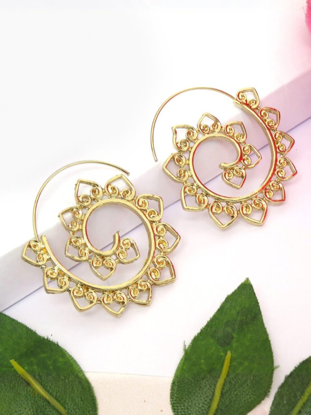 Gold Plated Boho Spiral Hoop Earrings for Women Tribal Sun Design Earrings
